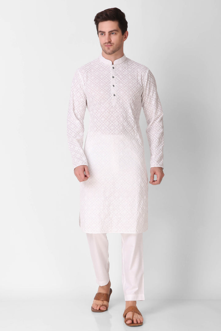 White Cotton Designer Kurta for Men | Sequin Embroidery Work