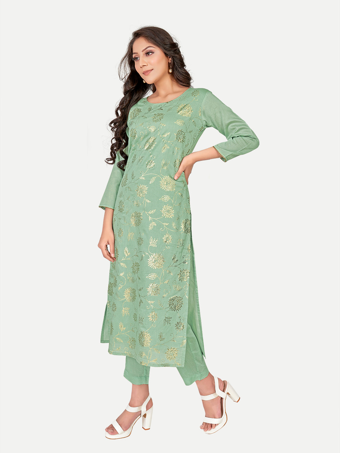 Sea Green Embroidered Kurti Set | Below-Calf Length with Stylish Sleeves