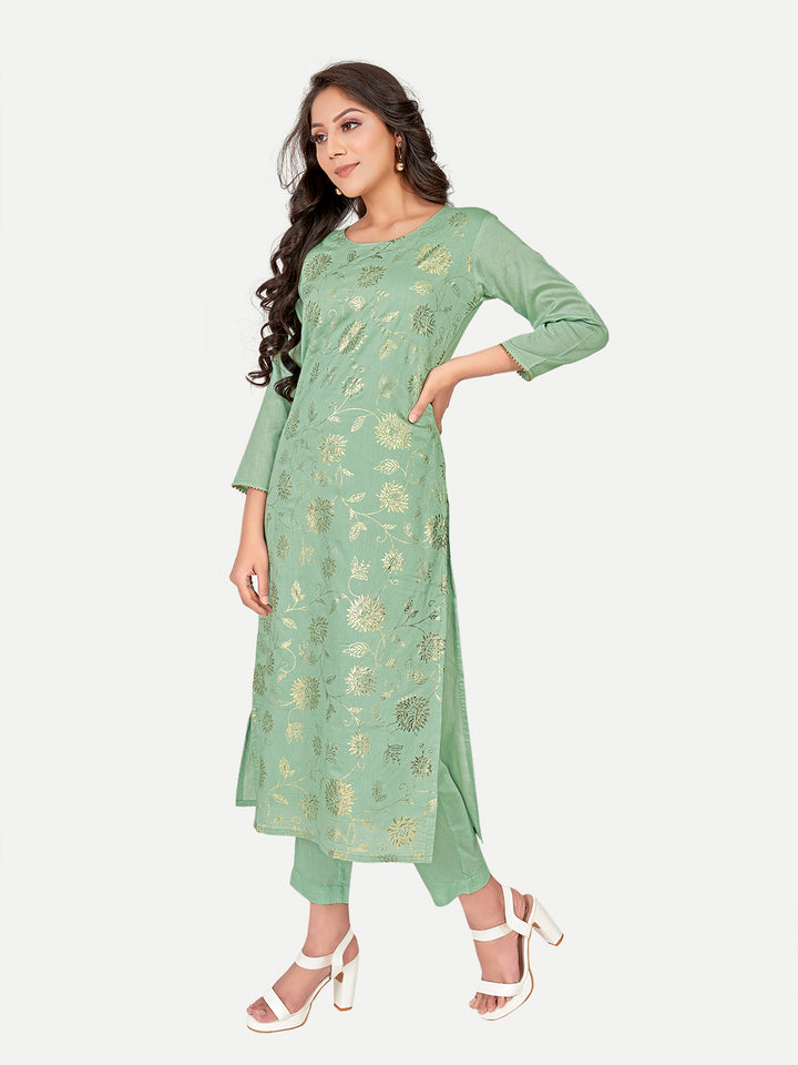 Sea Green Embroidered Kurti Set | Below-Calf Length with Stylish Sleeves