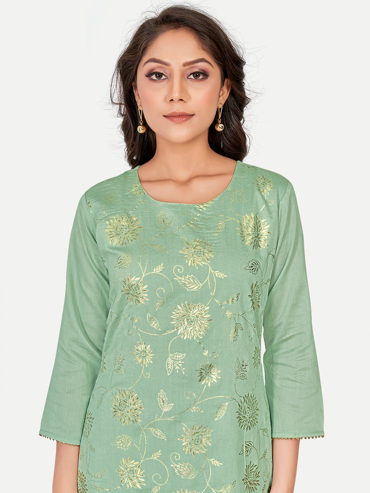 Sea Green Embroidered Kurti Set | Below-Calf Length with Stylish Sleeves