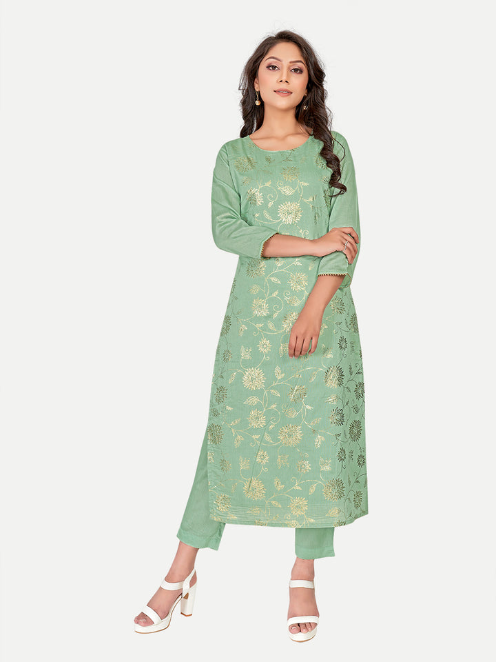Sea Green Embroidered Kurti Set | Below-Calf Length with Stylish Sleeves