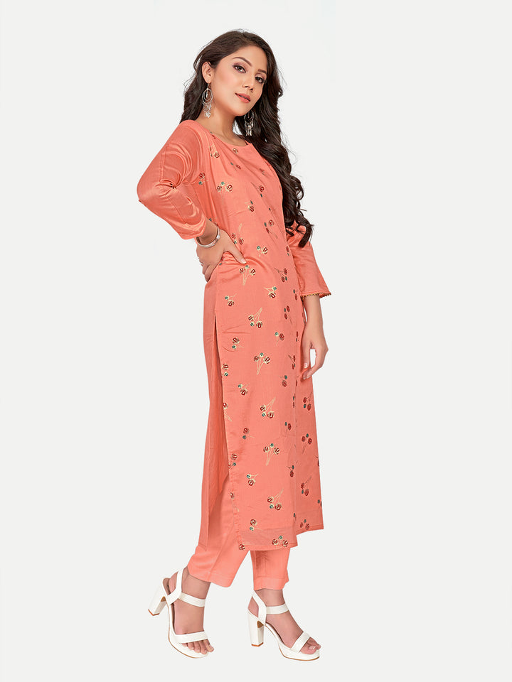Luxurious Orange Foil Print Kurti | Round Neck Modal Silk Kurta | Function Wear