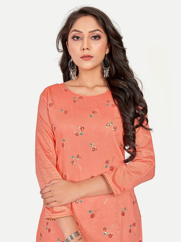Luxurious Orange Foil Print Kurti | Round Neck Modal Silk Kurta | Function Wear