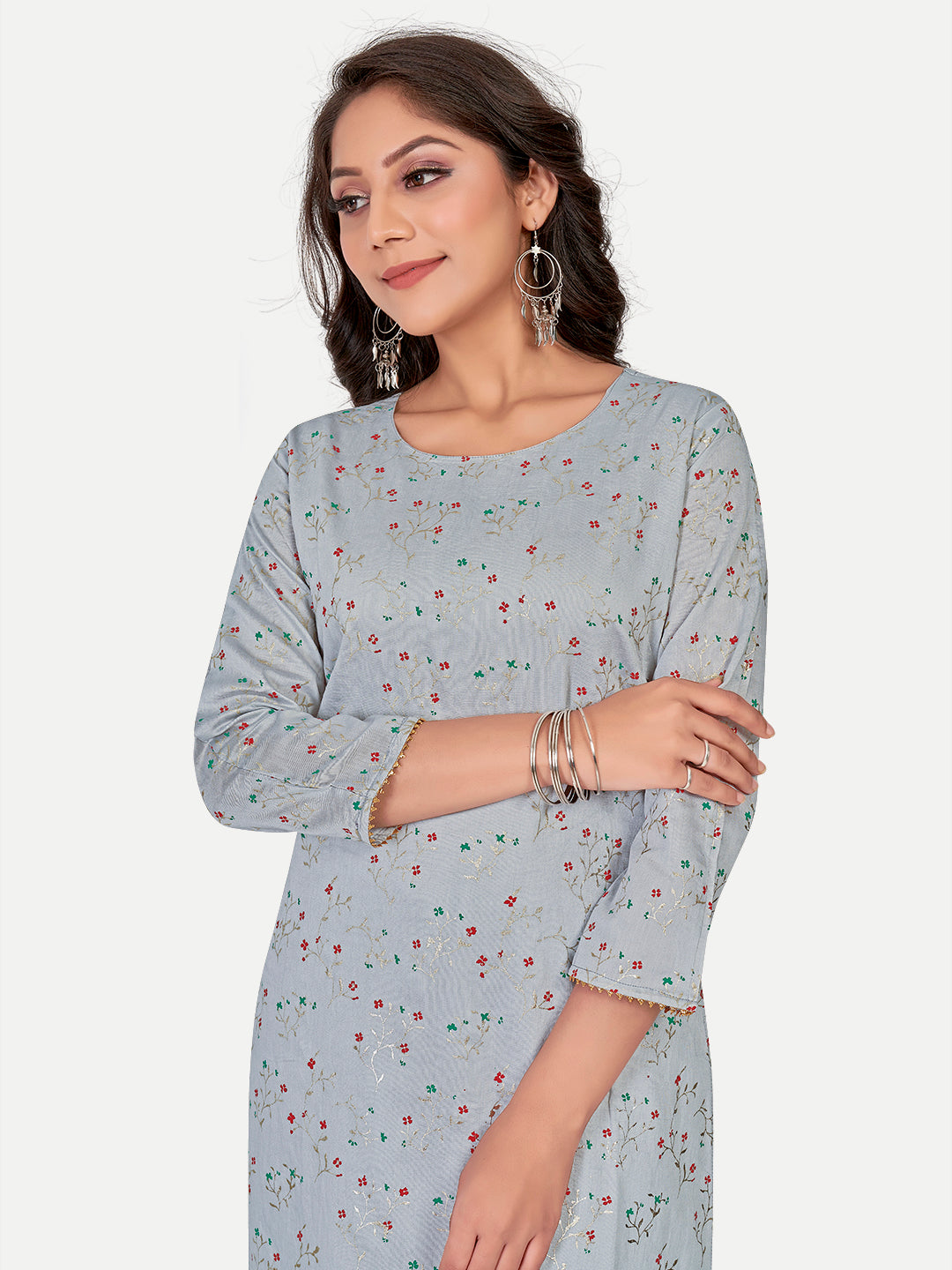 Designer Grey Foil Printed Kurti | Modal Silk Indian Kurti | Elegant Wear