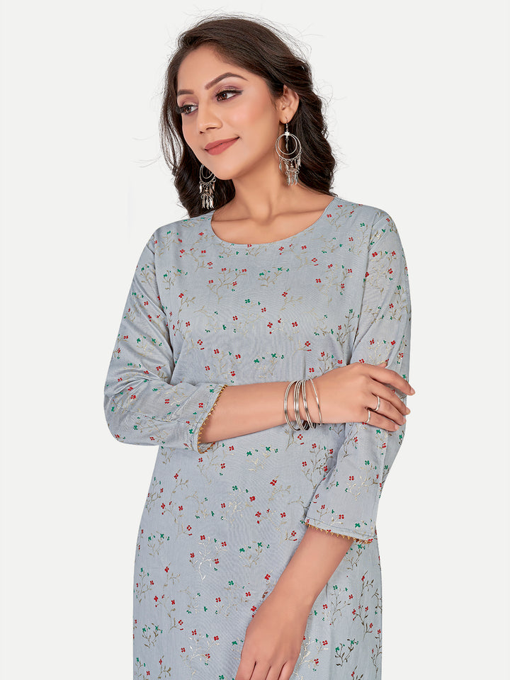 Designer Grey Foil Printed Kurti | Modal Silk Indian Kurti | Elegant Wear