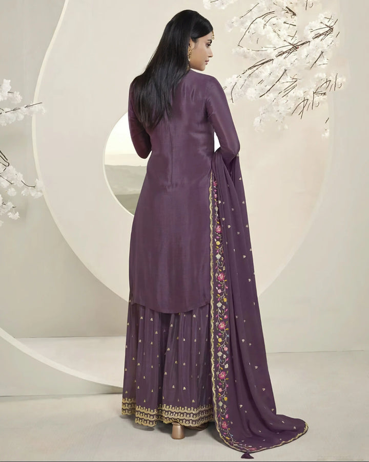 Modern Chinon Art Silk Sharara Suit | Embroidered Floral Accents for Ethnic Wear
