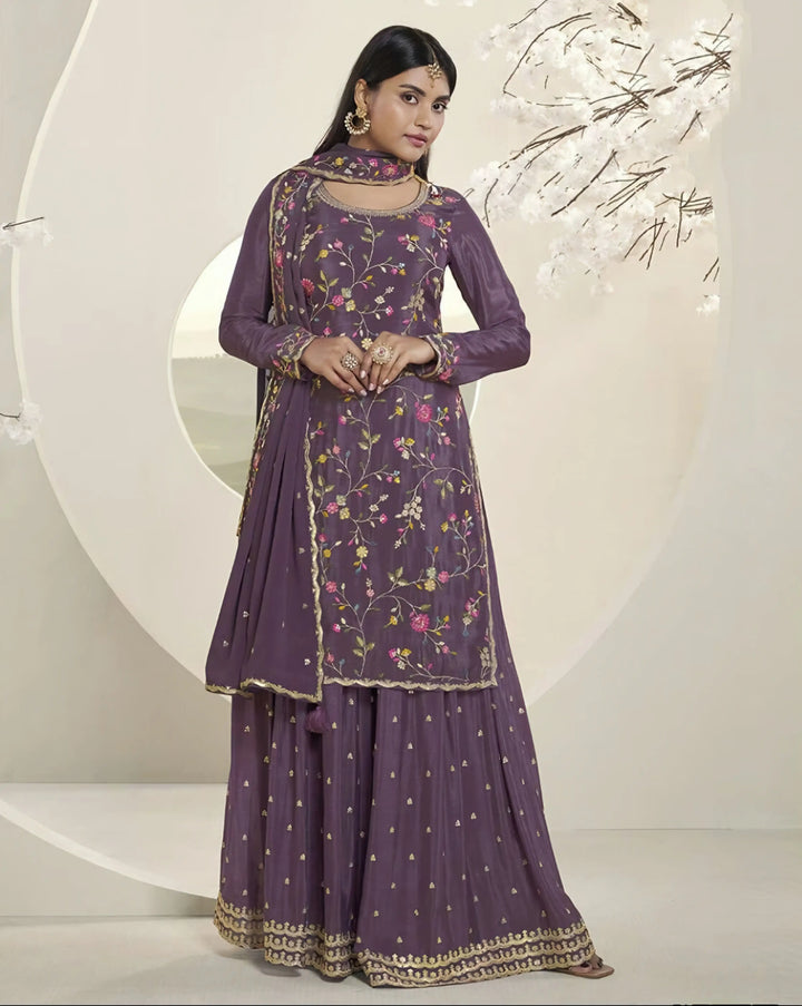 Modern Chinon Art Silk Sharara Suit | Embroidered Floral Accents for Ethnic Wear