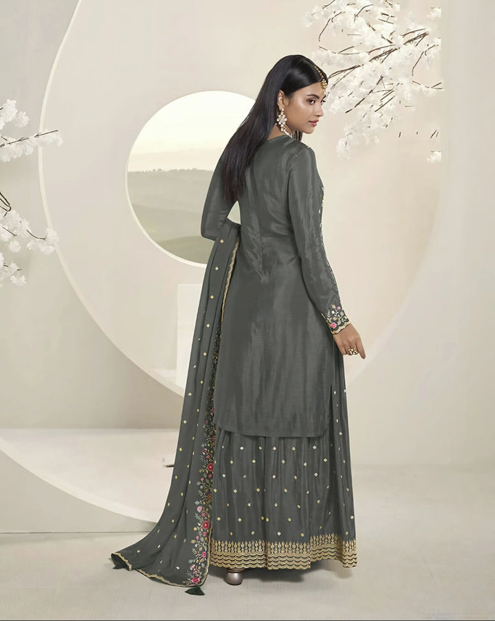 Modern Chinon Art Silk Sharara Suit | Embroidered Floral Accents for Ethnic Wear