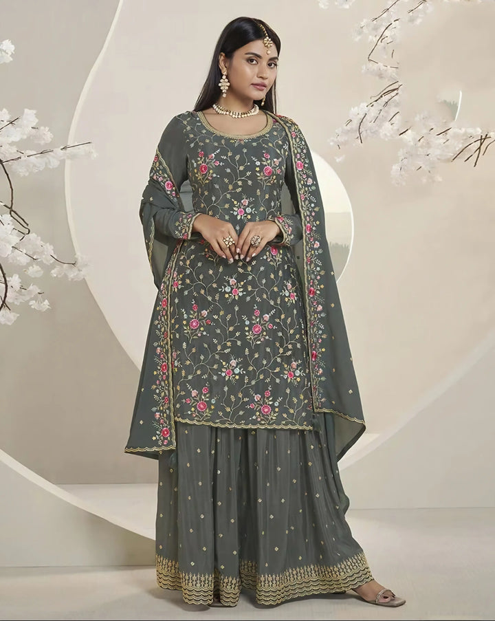 Modern Chinon Art Silk Sharara Suit | Embroidered Floral Accents for Ethnic Wear