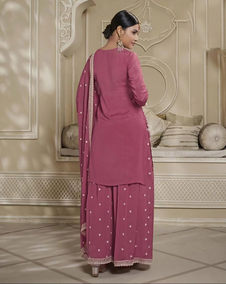 Modern Chinon Art Silk Sharara Suit | Embroidered Floral Accents for Ethnic Wear