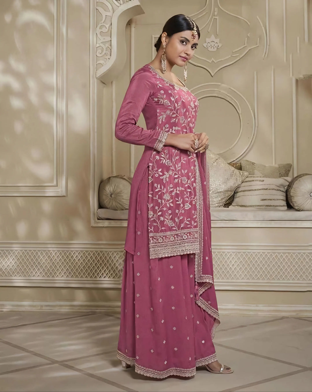 Modern Chinon Art Silk Sharara Suit | Embroidered Floral Accents for Ethnic Wear