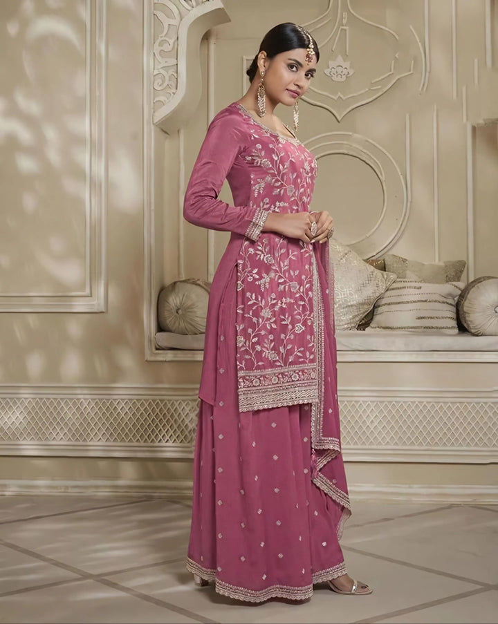 Modern Chinon Art Silk Sharara Suit | Embroidered Floral Accents for Ethnic Wear