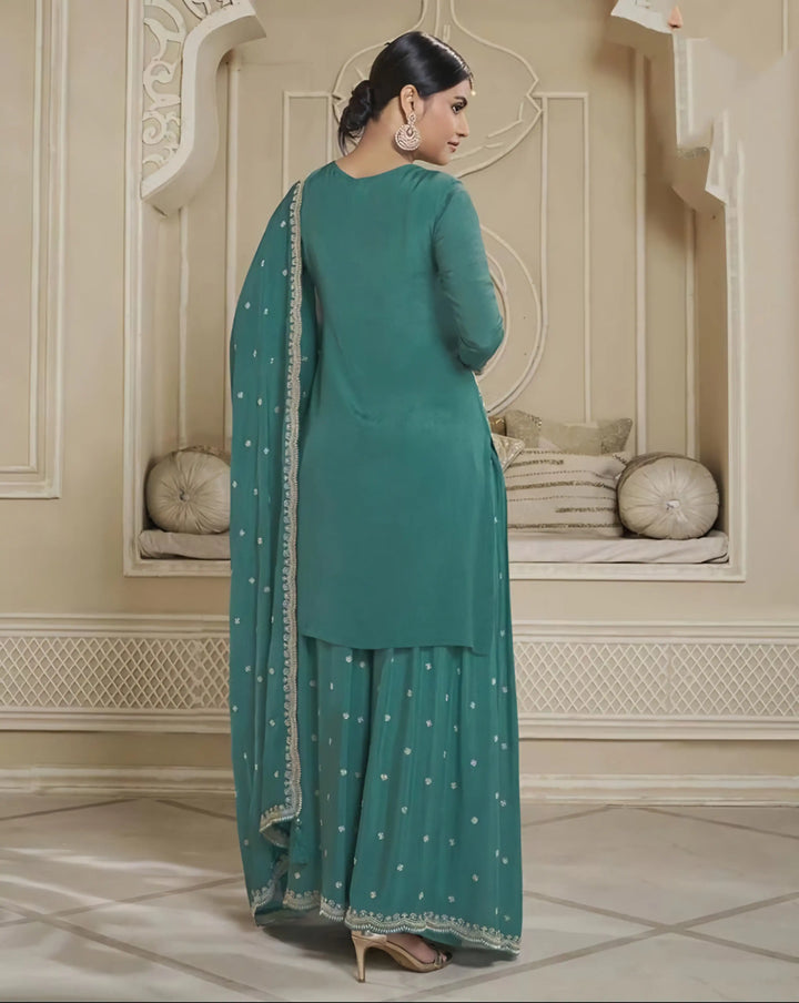 Modern Chinon Art Silk Sharara Suit | Embroidered Floral Accents for Ethnic Wear
