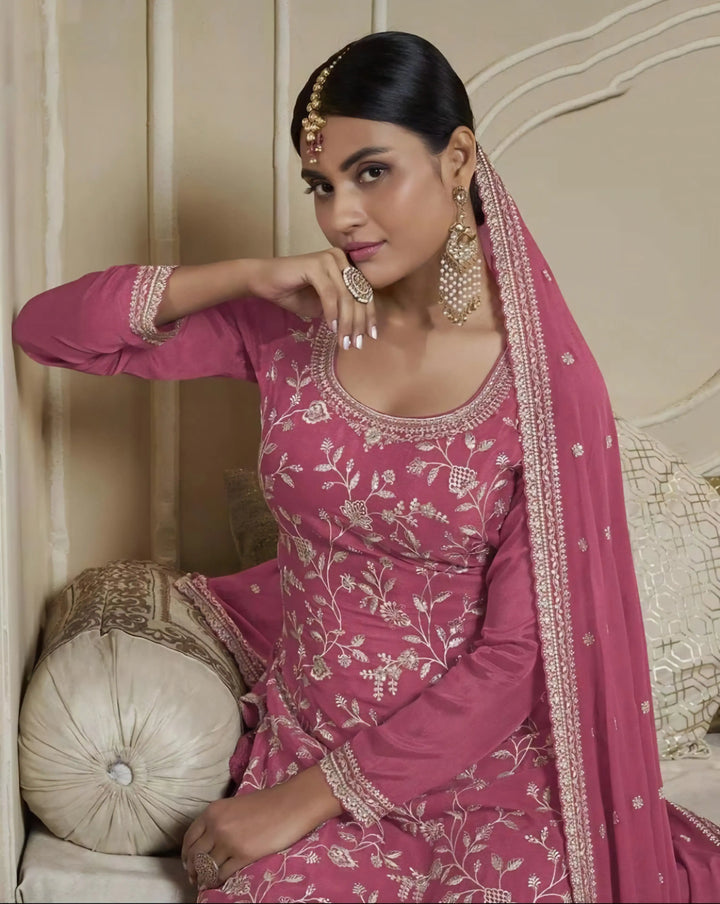 Modern Chinon Art Silk Sharara Suit | Embroidered Floral Accents for Ethnic Wear
