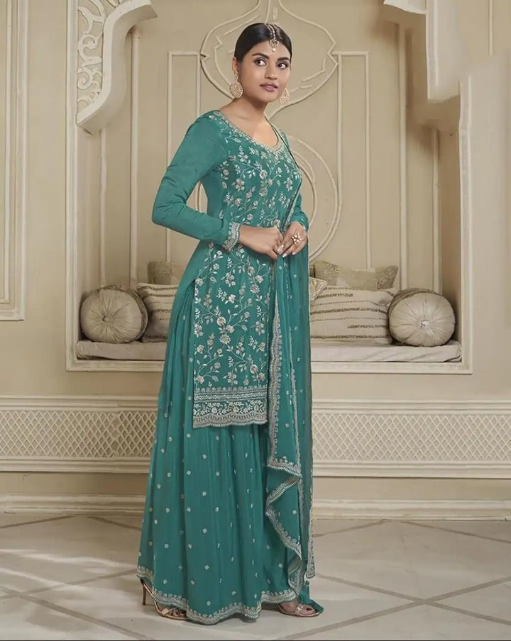 Modern Chinon Art Silk Sharara Suit | Embroidered Floral Accents for Ethnic Wear