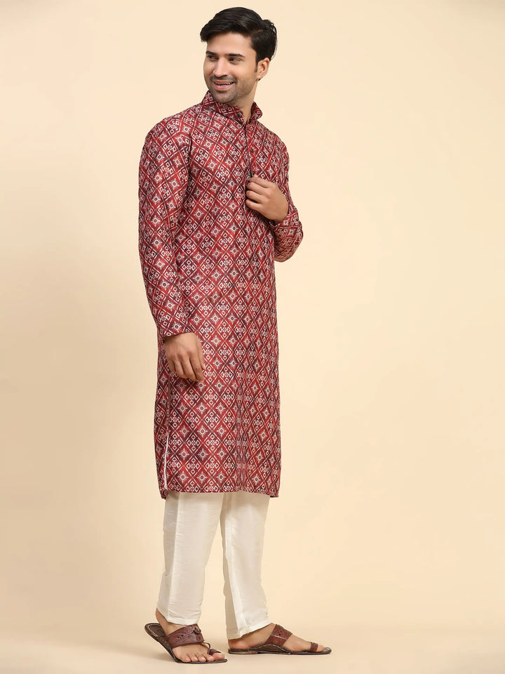 Red Rado Cotton Designer Kurta for Men | Digital Printed Festive Wear
