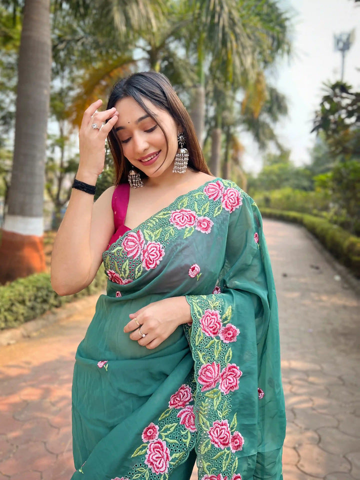 Designer Organza Saree with Art-Silk Blouse | Embroidered for Special Events