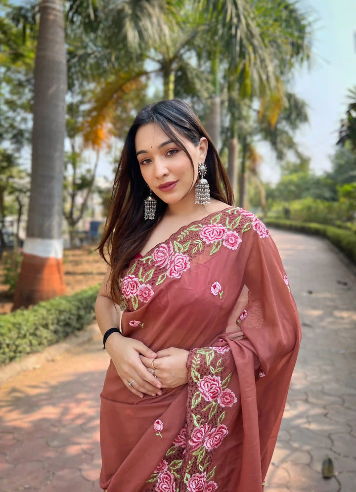 Designer Organza Saree with Art-Silk Blouse | Embroidered for Special Events