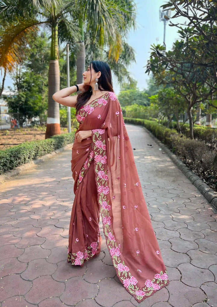Designer Organza Saree with Art-Silk Blouse | Embroidered for Special Events