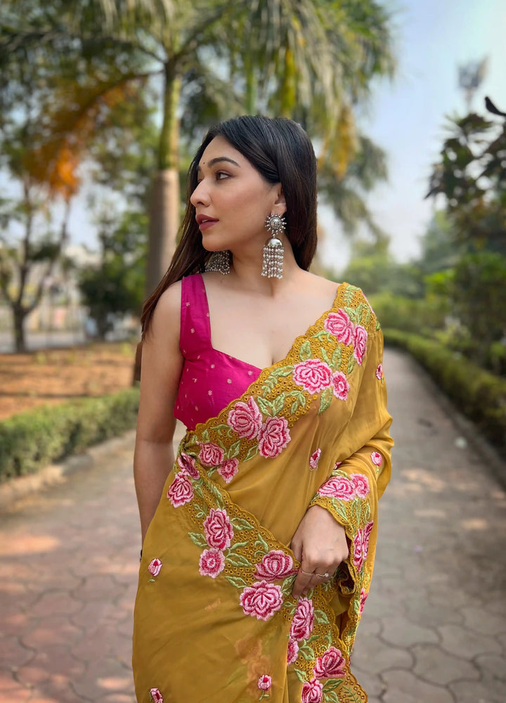 Designer Organza Saree with Art-Silk Blouse | Embroidered for Special Events