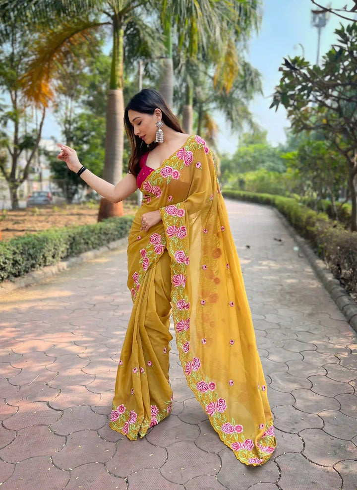 Designer Organza Saree with Art-Silk Blouse | Embroidered for Special Events