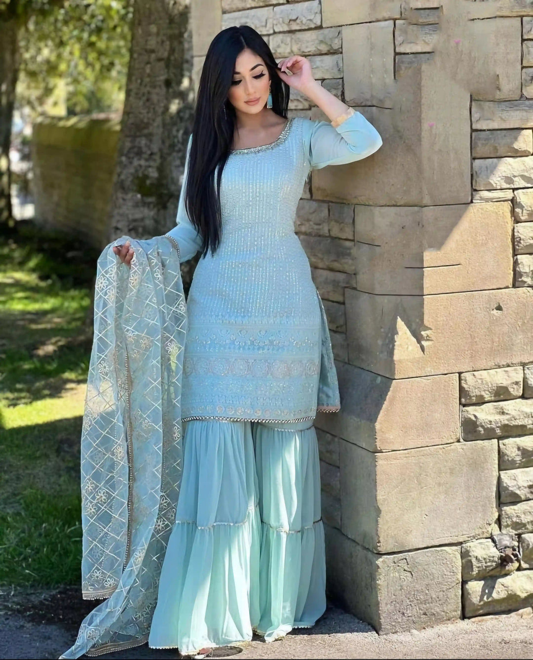 Stunning Faux Georgette Sharara Suit with Intricate Embroidery | Perfect Festive Wear