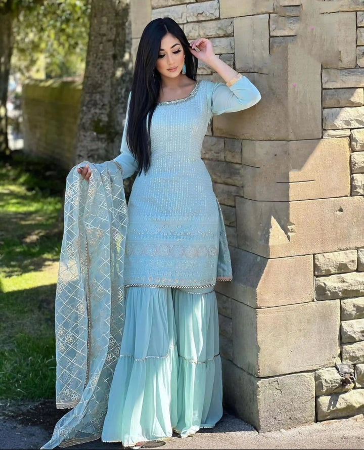 Stunning Faux Georgette Sharara Suit with Intricate Embroidery | Perfect Festive Wear