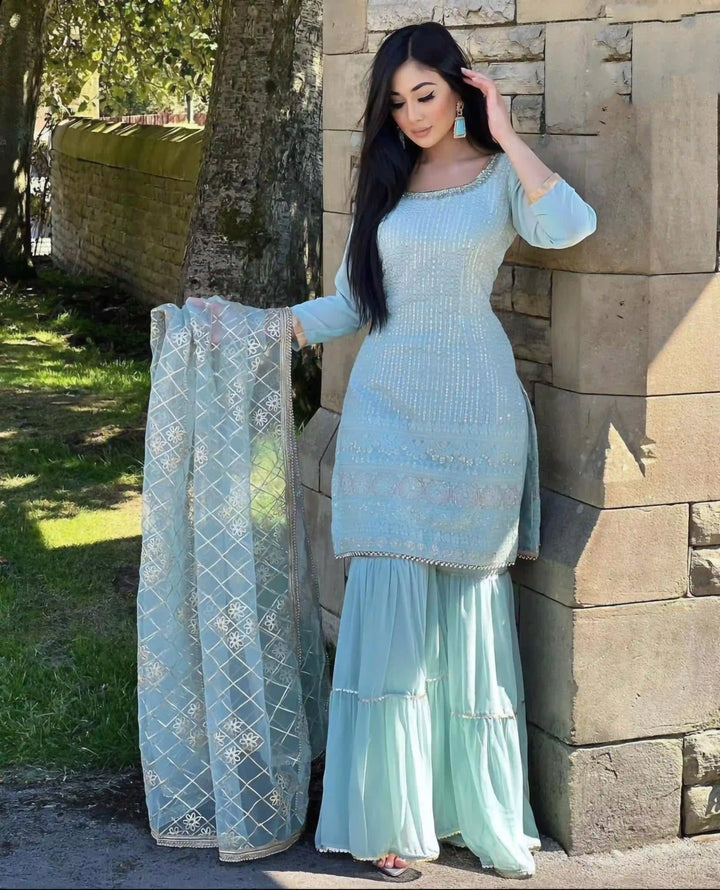 Stunning Faux Georgette Sharara Suit with Intricate Embroidery | Perfect Festive Wear