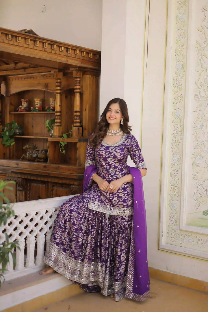 Purple Viscose Jacquard Sharara with Intricate Embroidery | Ideal Festive Wear