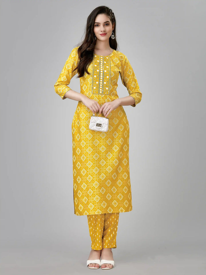 Printed Rayon Kurti Set | Designer Embroidery Work & Matching Bottoms