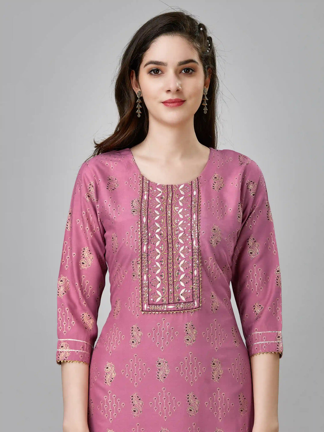 Printed Rayon Kurti Set | Designer Embroidery Work & Matching Bottoms