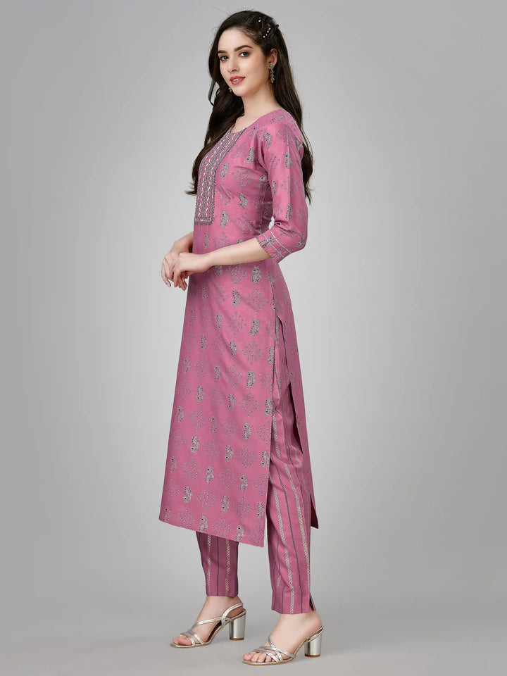 Printed Rayon Kurti Set | Designer Embroidery Work & Matching Bottoms