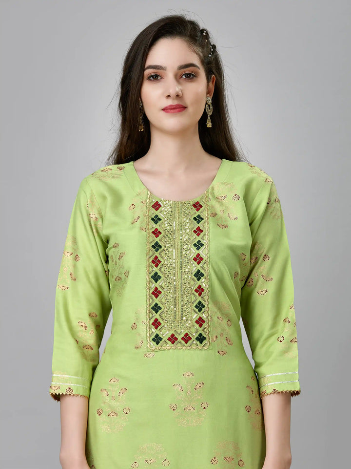 Printed Rayon Kurti Set | Designer Embroidery Work & Matching Bottoms
