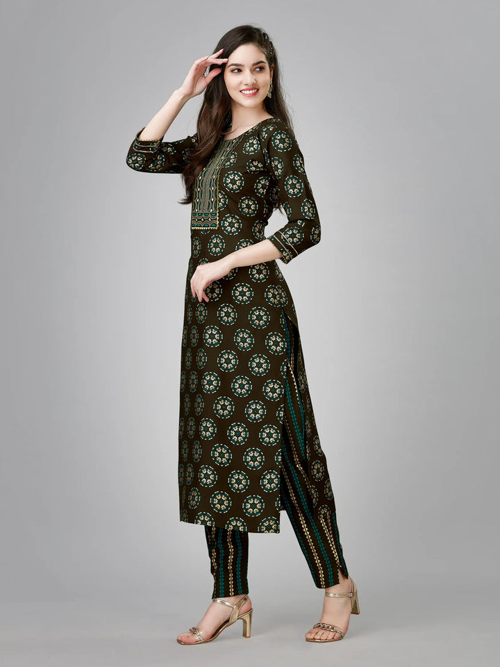 Printed Rayon Kurti Set | Designer Embroidery Work & Matching Bottoms