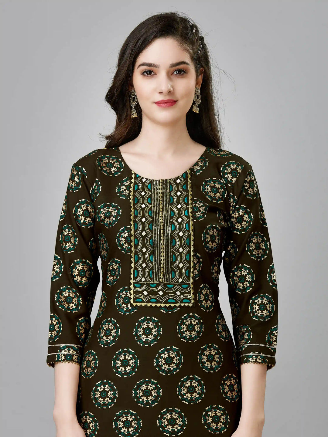 Printed Rayon Kurti Set | Designer Embroidery Work & Matching Bottoms