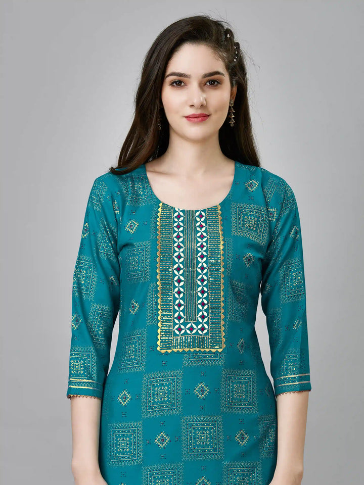 Printed Rayon Kurti Set | Designer Embroidery Work & Matching Bottoms