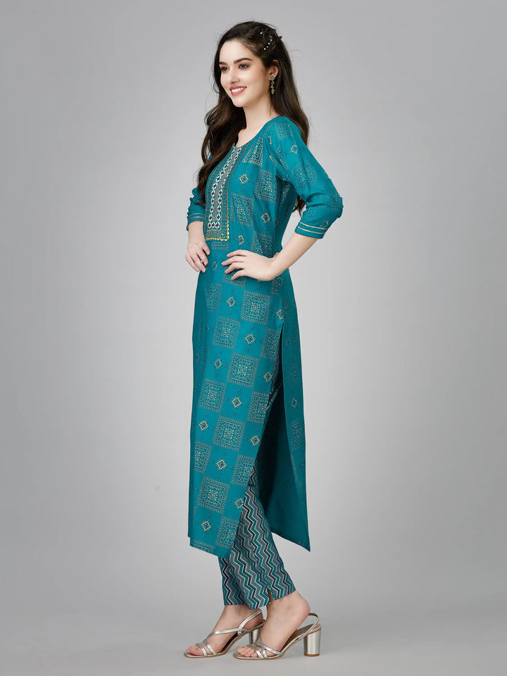 Printed Rayon Kurti Set | Designer Embroidery Work & Matching Bottoms