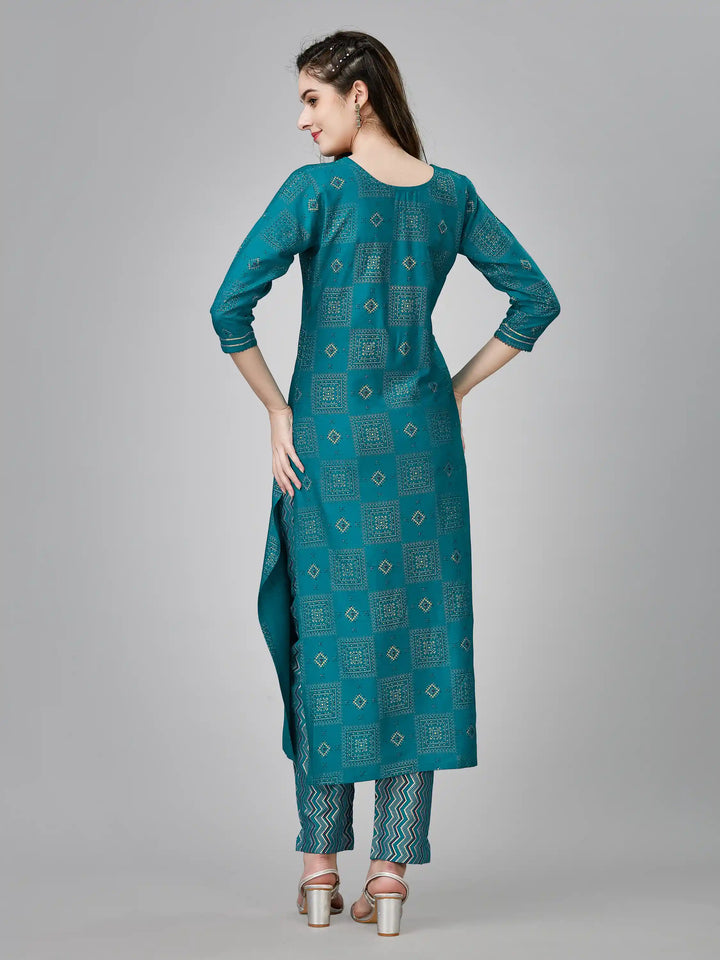 Printed Rayon Kurti Set | Designer Embroidery Work & Matching Bottoms
