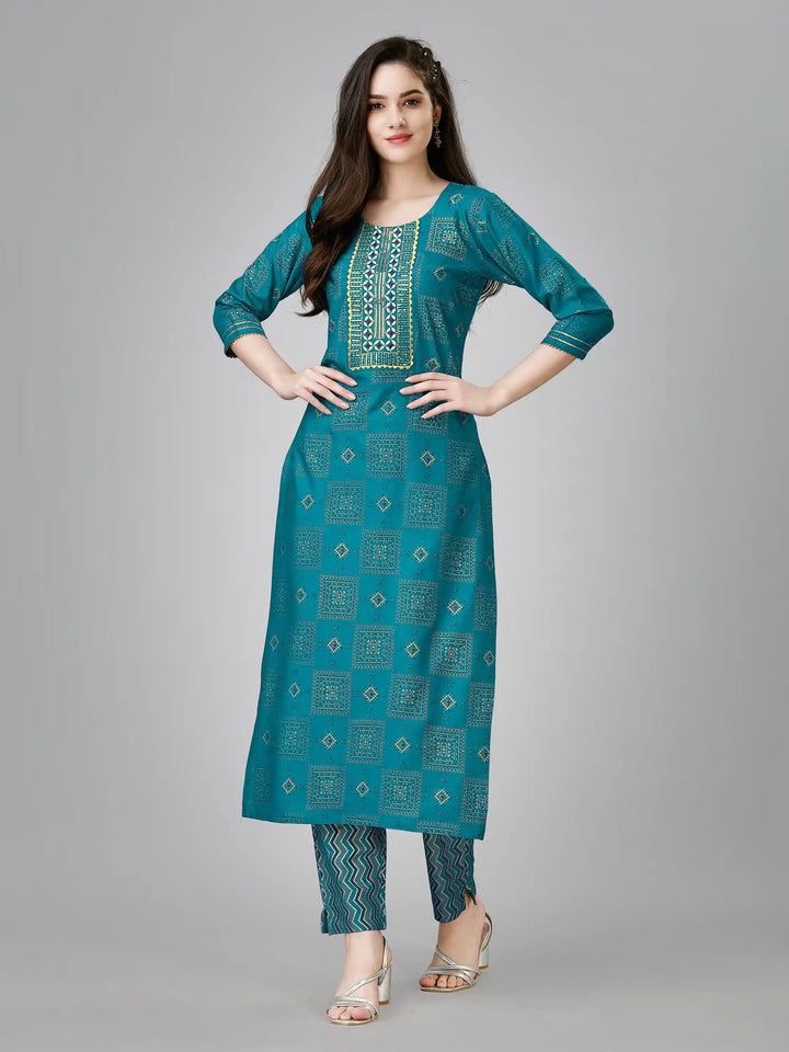 Printed Rayon Kurti Set | Designer Embroidery Work & Matching Bottoms