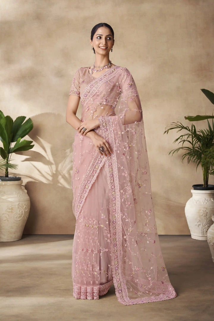 Net Saree with Zarkan and Embroidery | Perfect for Weddings and Festive Events