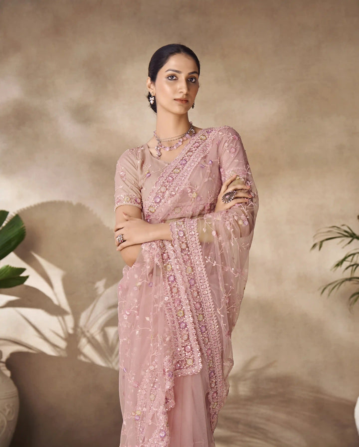 Net Saree with Zarkan and Embroidery | Perfect for Weddings and Festive Events