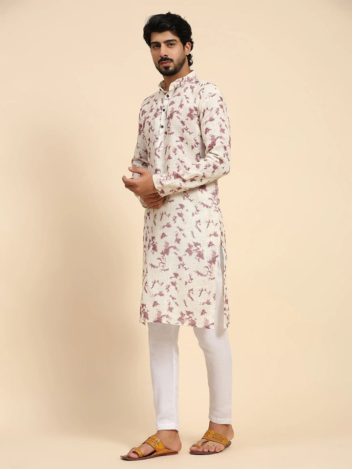 Off White Linen Kurta for Men | Digital Printed Designer Festive Wear
