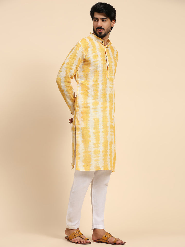 Designer Yellow Kurta | Linen Fabric with Digital Print for Men