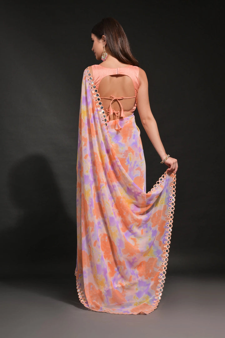 Prizam-Printed Georgette Saree with Mirror-Work Lace Border | Wedding Festivity