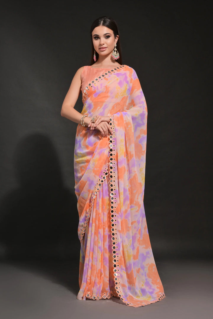 Prizam-Printed Georgette Saree with Mirror-Work Lace Border | Wedding Festivity