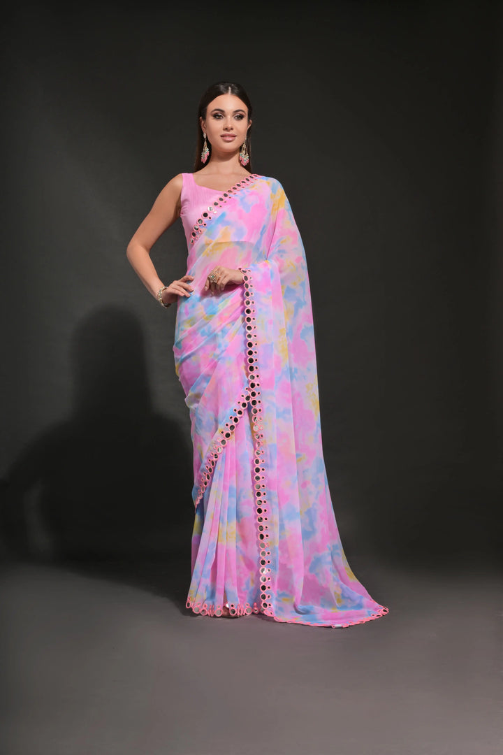 Prizam-Printed Georgette Saree with Mirror-Work Lace Border | Wedding Festivity