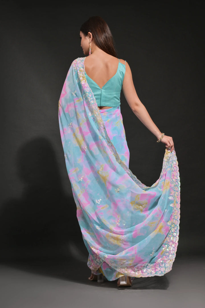 Elegant Georgette Saree | Prizam-Printed with Embroidered C-Pallu for Weddings