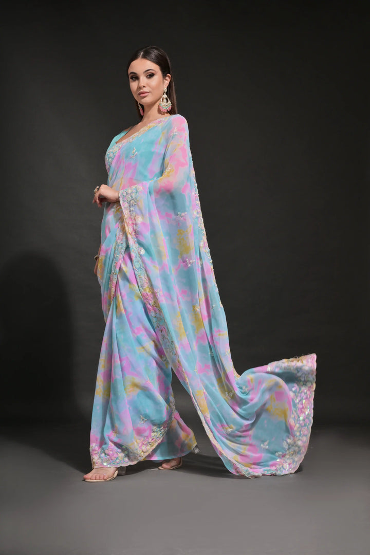 Elegant Georgette Saree | Prizam-Printed with Embroidered C-Pallu for Weddings