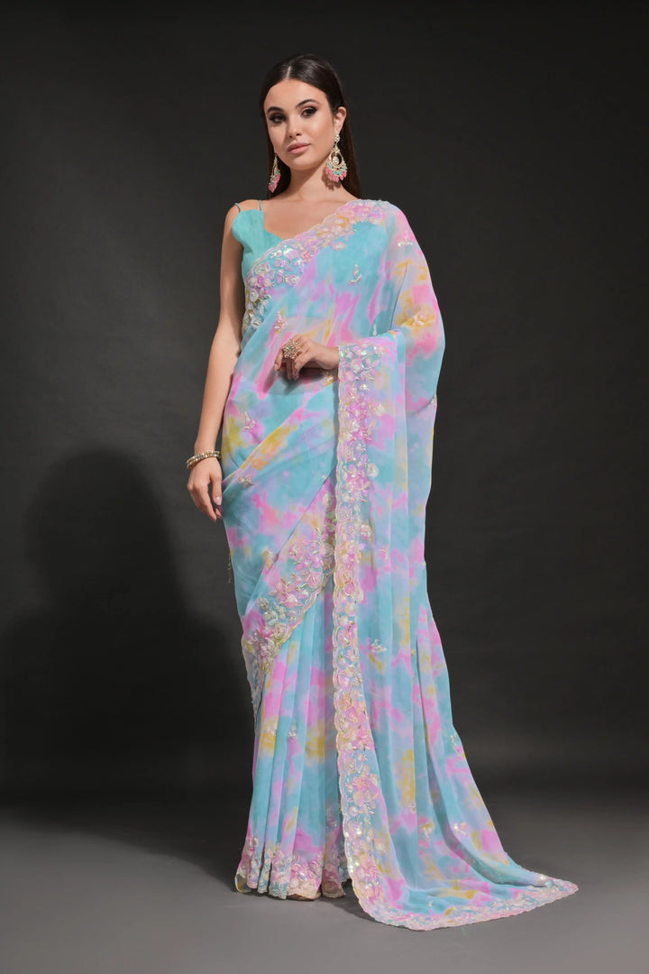 Elegant Georgette Saree | Prizam-Printed with Embroidered C-Pallu for Weddings
