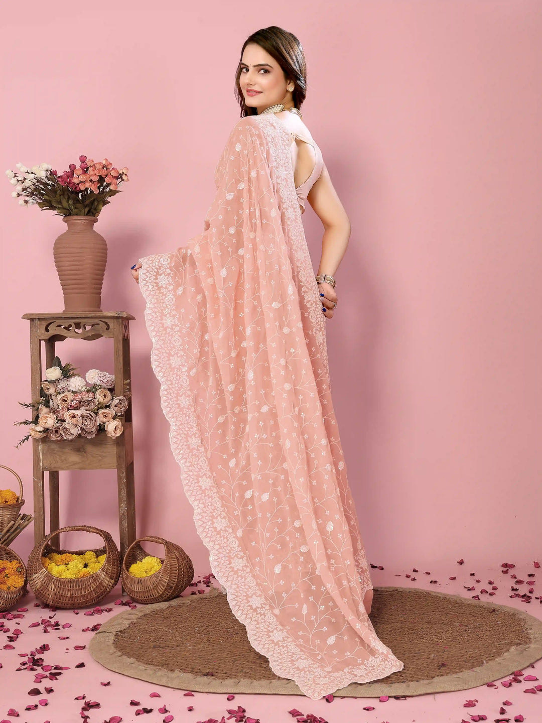 Georgette Saree with Thread & Sequin Embroidery | Art-Silk Blouse for Weddings